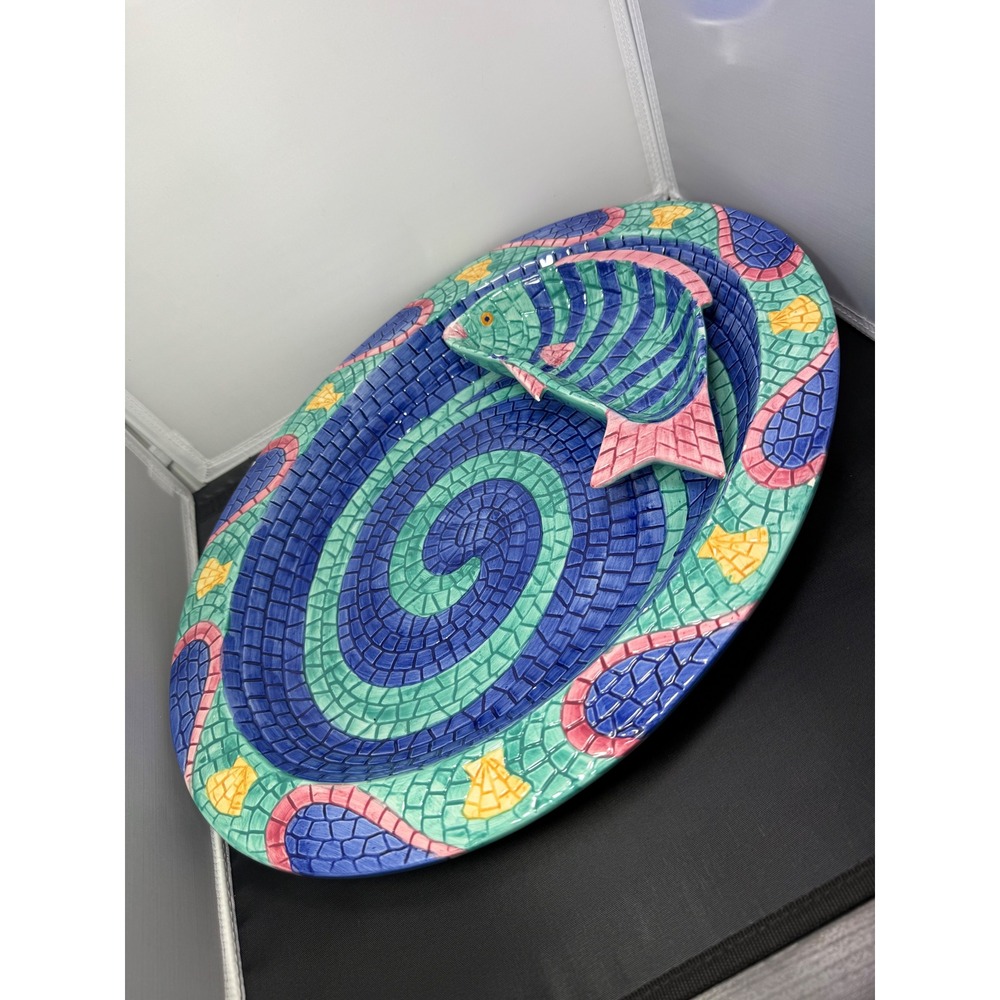 Vintage CLAY ART Mosaic large Fish Platter and Dip Dish Set hand‎ painted